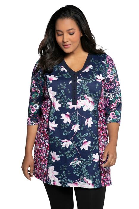 Dlouhé tričko, mix vzorů, výstřih do V, knoflíky, 3/4 rukávy