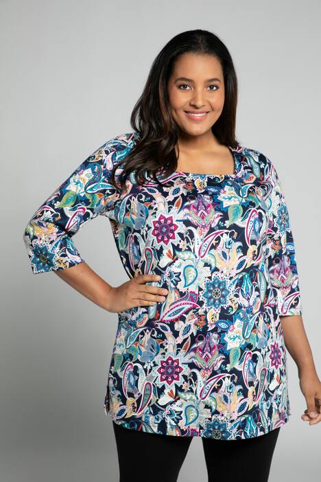 lång topp, tryck, fyrkantig urringning, trekvartsärm