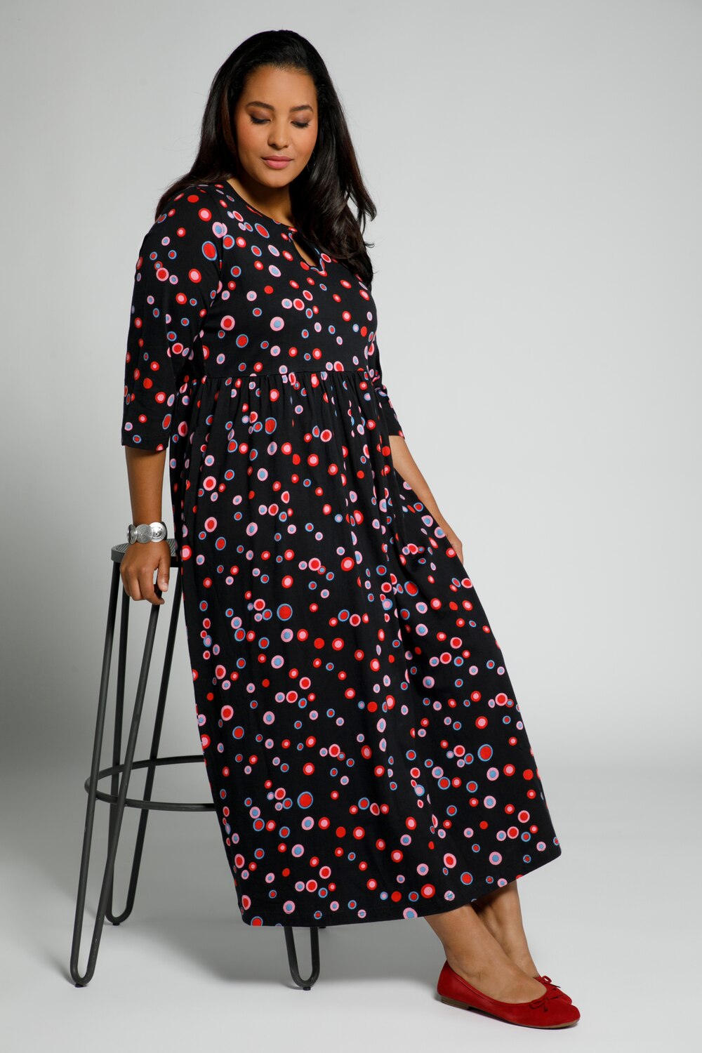 Plus Size Love Dots Print Empire Knit Dress, Woman, black, size: 20/22, cotton, Ulla Popken