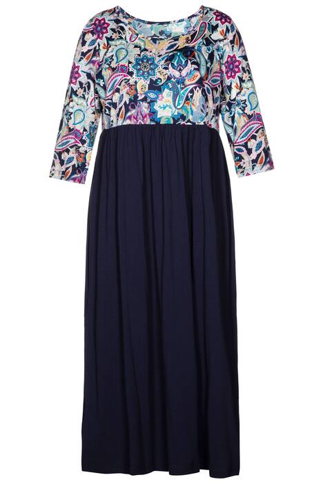 Maxi šaty, nahoře květy, jednobarevná sukně, kulatý výstřih, 3/4 rukávy