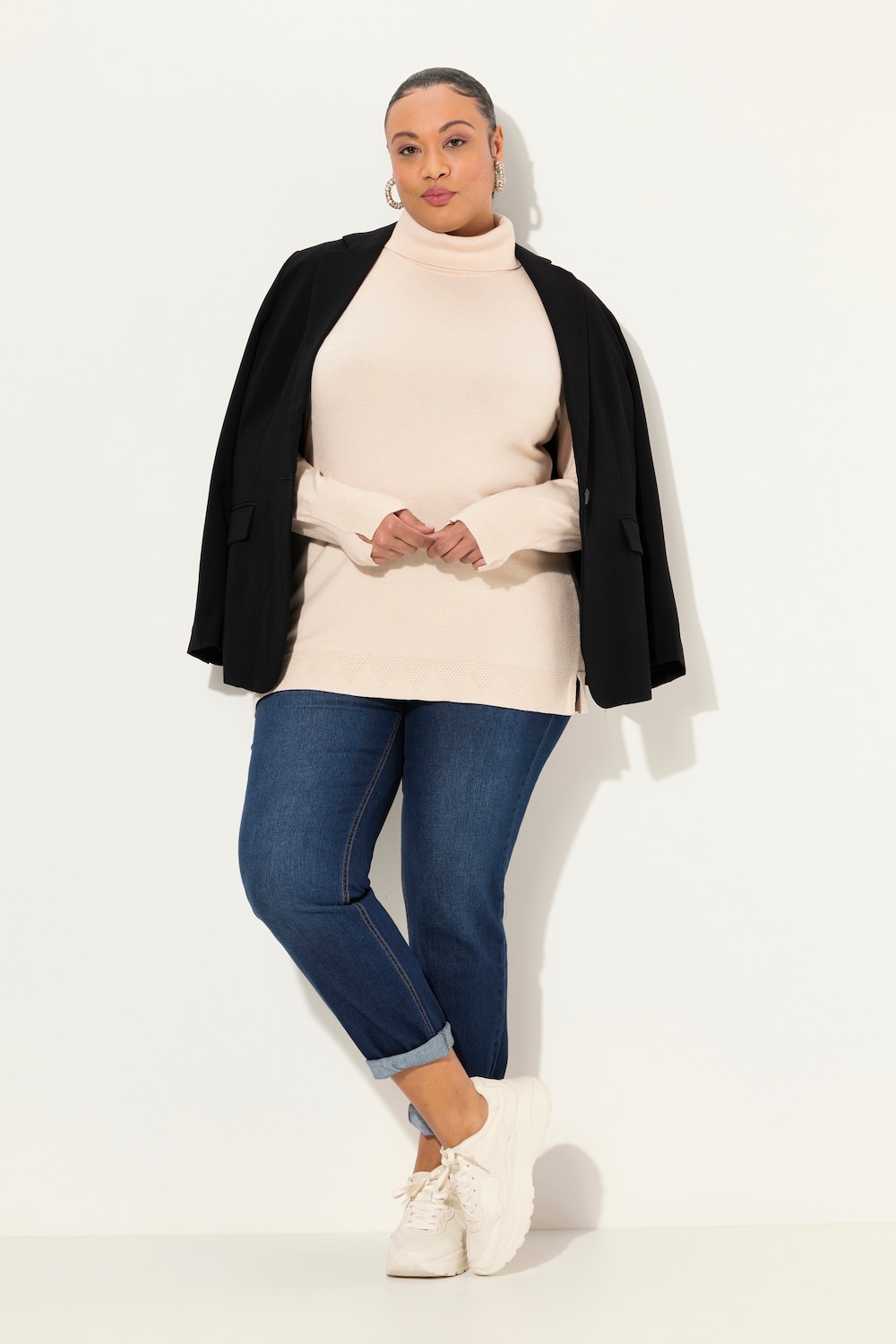 Rollkragenpullover, breite Rippbündchen, Langarm