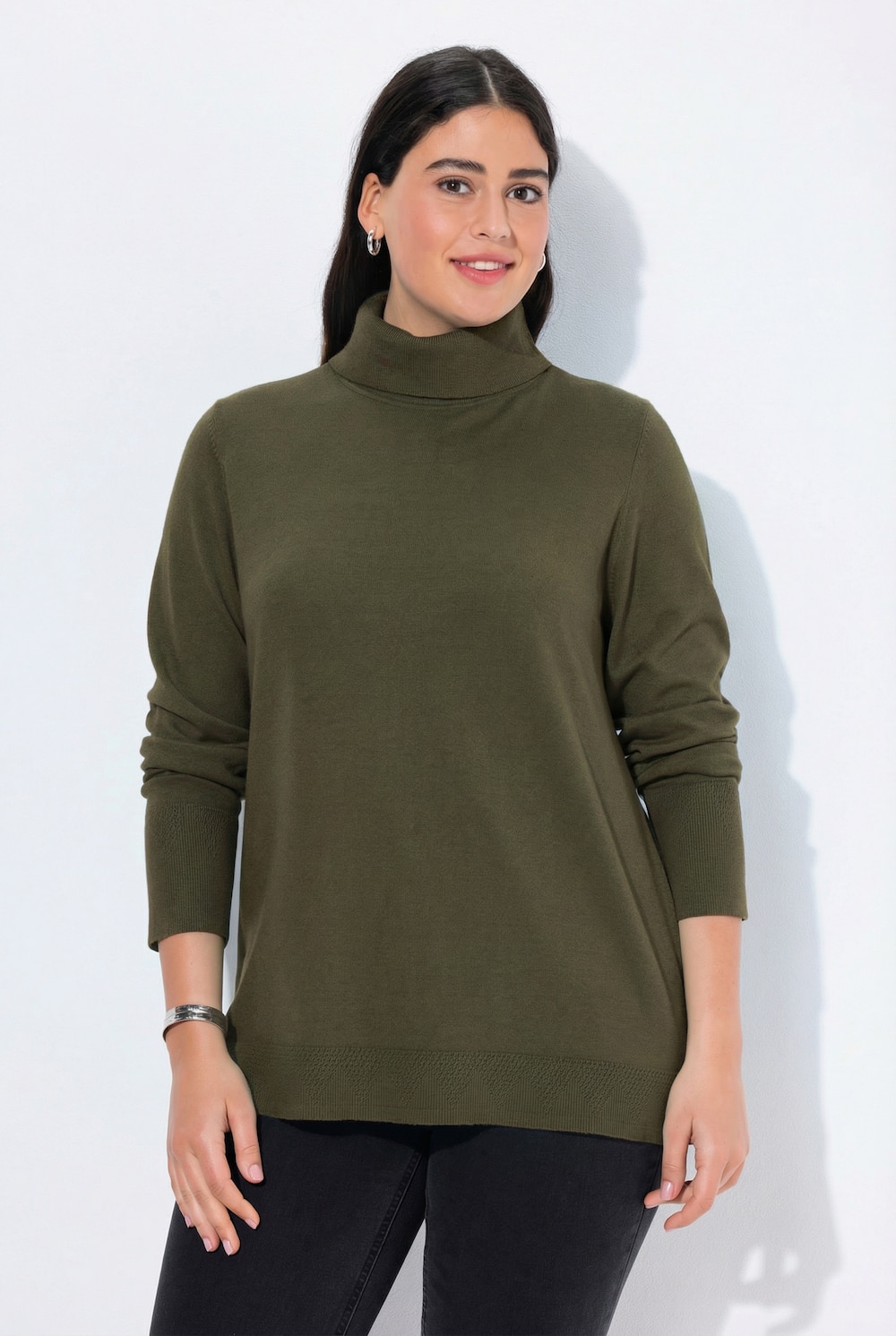 Rollkragenpullover, breite Rippbündchen, Langarm