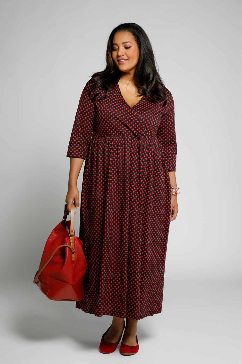 Plus Size Heart Print Cotton Empire Knit Dress, Woman, black, size: 24/26, cotton, Ulla Popken