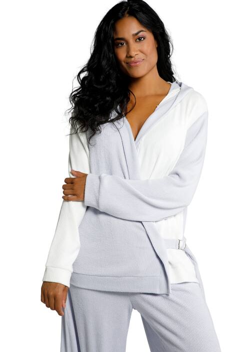 Domácí bunda, kapuce, žebrovaný žerzej, vázací stuha