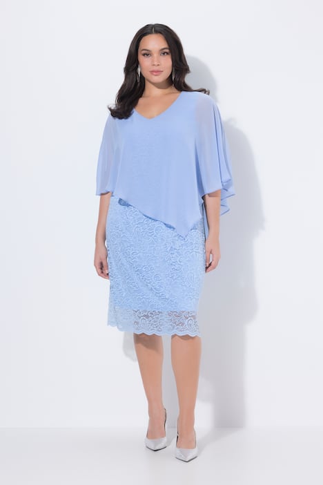 Abendkleid, Chiffon-Cape, Jersey, Spitzensaum, 3/4-Arm