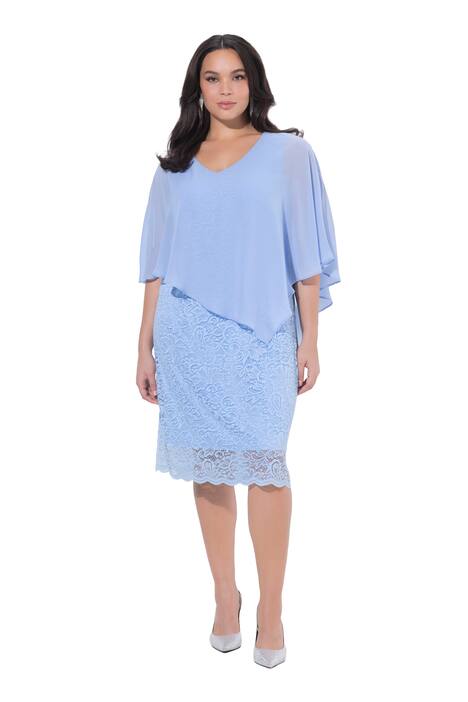 Večerní šaty, šifonová pelerína, žerzej, krajkový lem, 3/4 rukávy