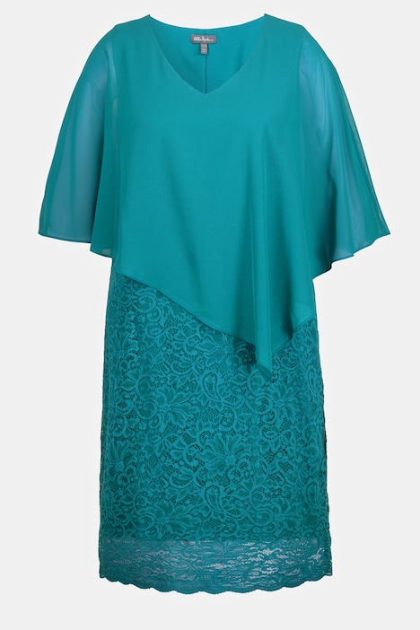 Abito Ulla Popken Con Mantella In Chiffon - Scollo A V, Mezze Maniche, Taglio Oversize, Jersey Morbido (840136)