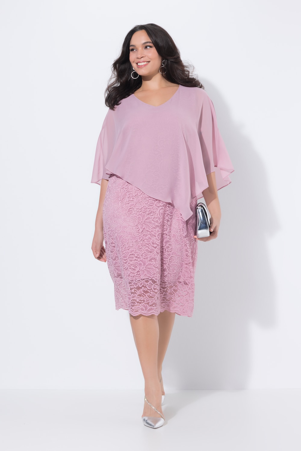 Abendkleid, Chiffon-Cape, Jersey, Spitzensaum, 3/4-Arm