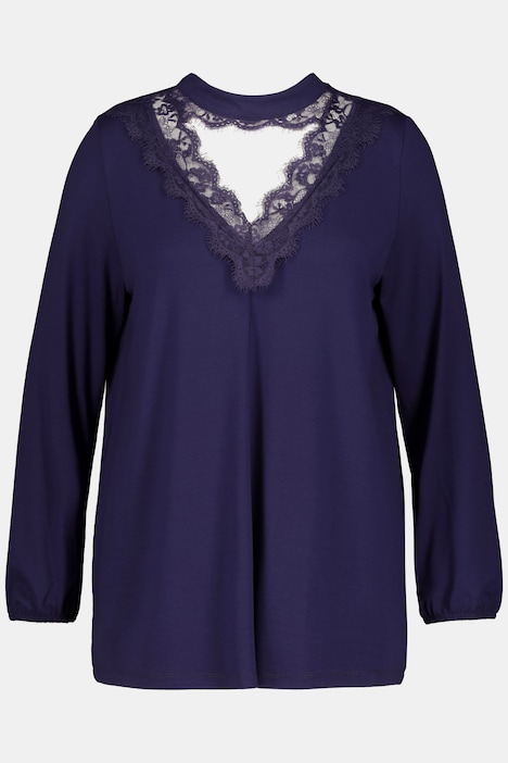 Lace Detail Cut-Out Neck A-line Fit Stretch Knit Top, T-Shirts