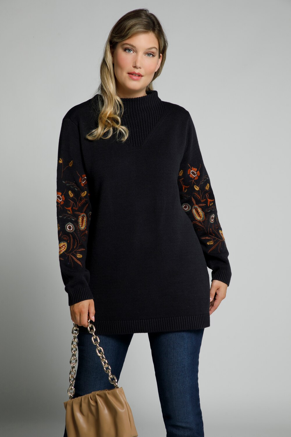 Plus Size Embroidered Sleeve Turtleneck Sweater, Woman, black, size: 20/22, cotton/synthetic fibers, Ulla Popken