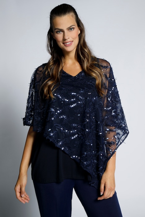 Sequin Embroidered Asymmetric Sheer Overlay Top | all Blouses | Blouses