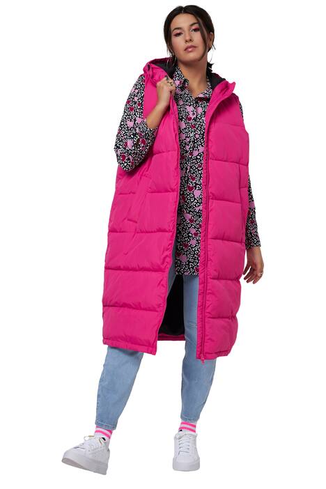 Prošívaná vesta, rovný střih, dlouhá, kapuce