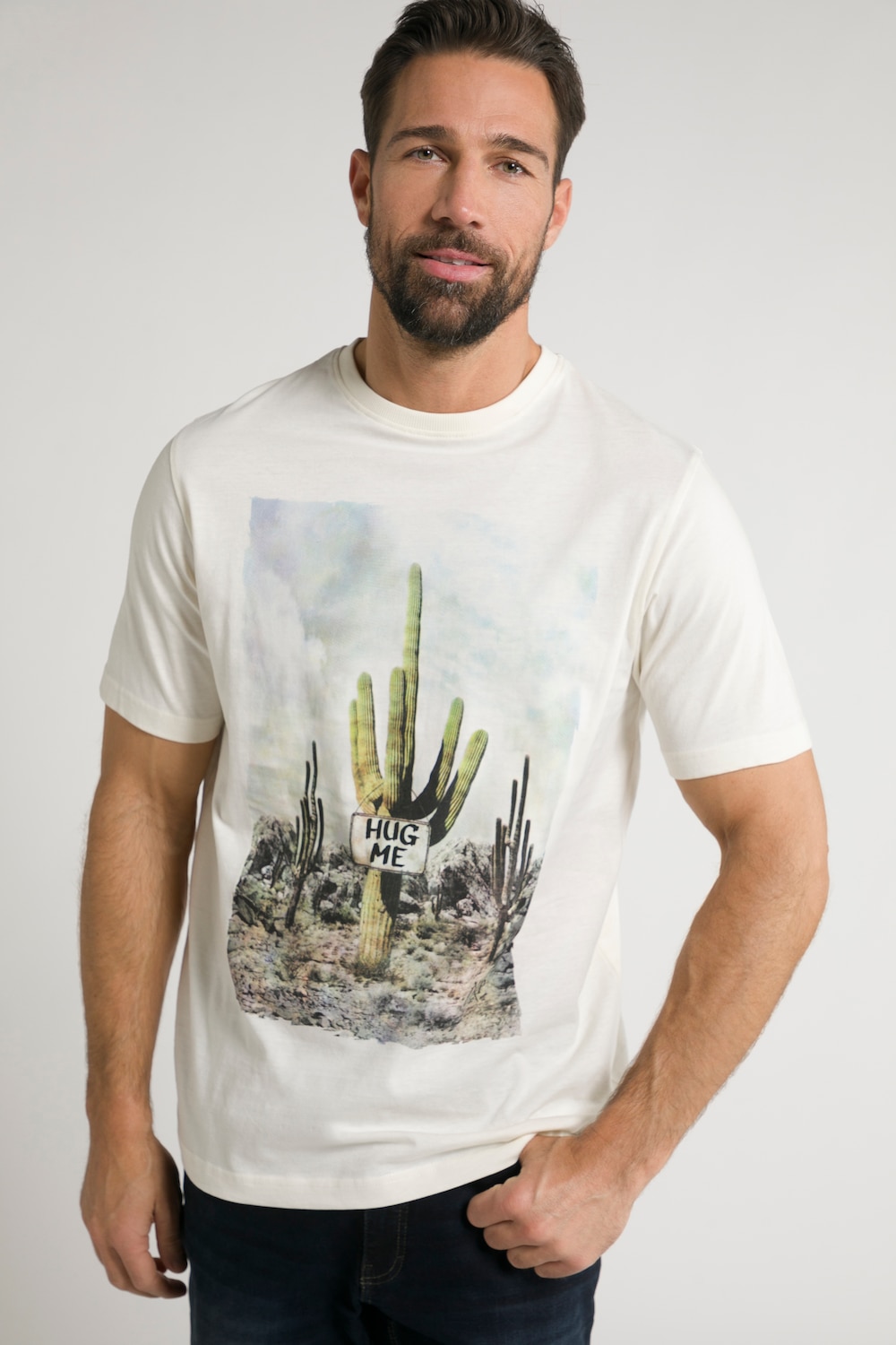 Plus Size Cactus Photo Print Tee, Man, beige, size: 3XL, cotton, JP1880