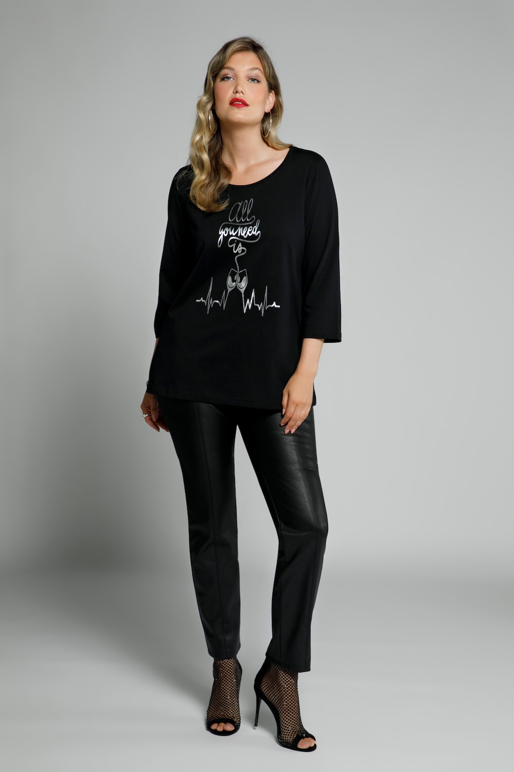 Plus Size ALL YOU NEED IS Wine Glass Round Neck Tee, Woman, black, size: 20/22, cotton, Ulla Popken