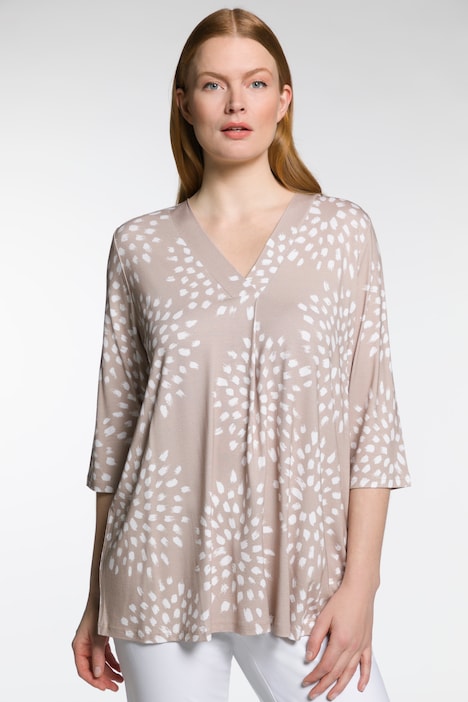 Brushstroke Dot Front Pleat A-line Fit Stretch Knit Top