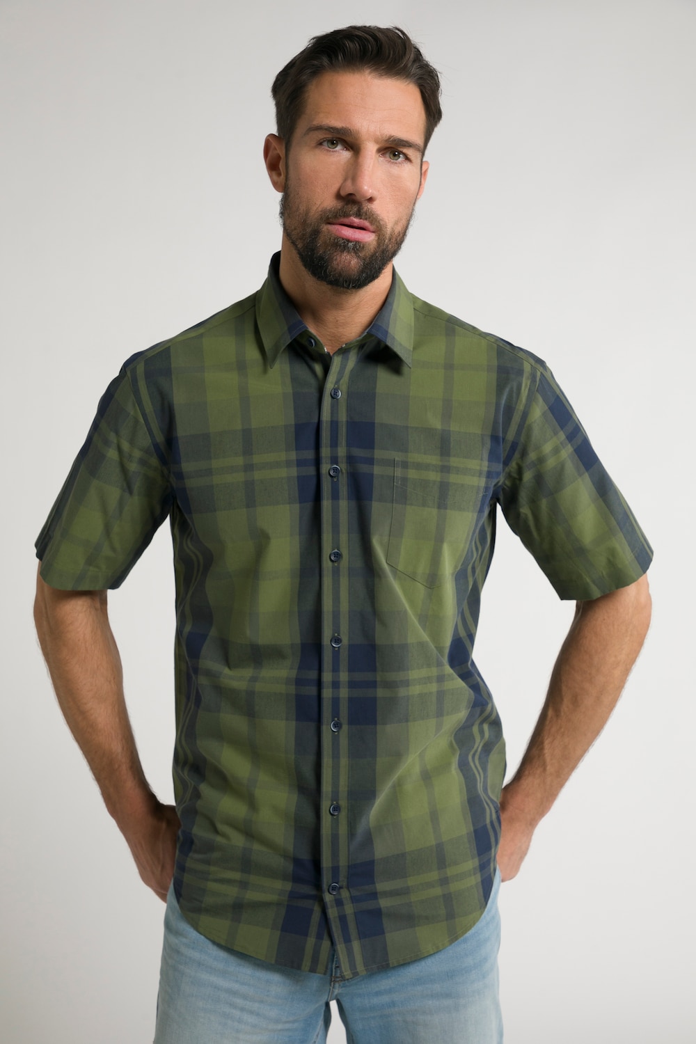 Plus Size Short Sleeve Check Print Shirt, Man, green, size: 3XL, cotton, JP1880