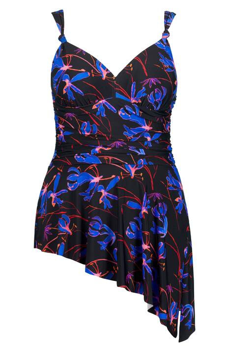 Plavkové šaty, květy, řasení, asymetrický lem, měkké košíčky