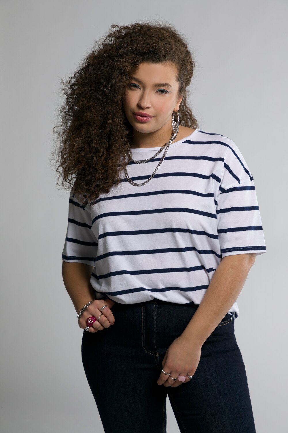 Grote Maten gestreept shirt, Dames, blauw, Maat: 46/48, Katoen, Studio Untold Grote Maten gestreept shirt, Dames, blauw, Maat: 46/48, Katoen, Studio Untold