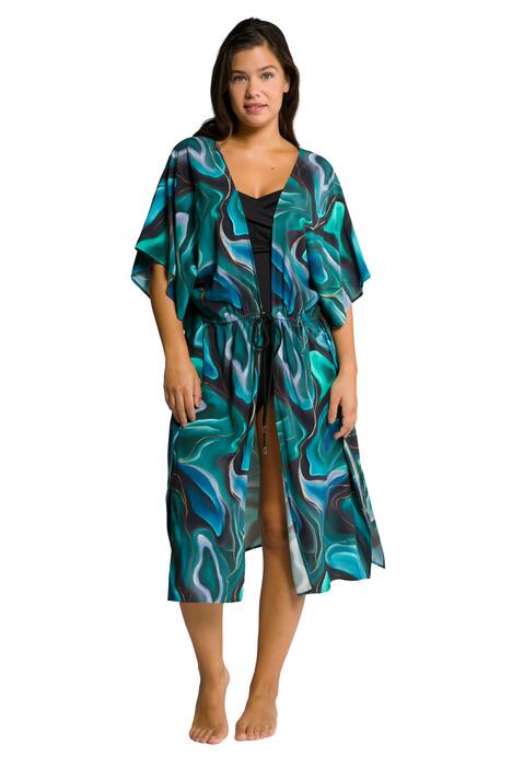 Kaftan, vlnitý vzor, otevřený střih, vázací stuha, krátké rukávy