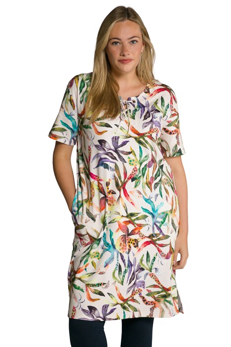 Dlouhé tričko, květy, A střih, kulatý výstřih, krátké rukávy