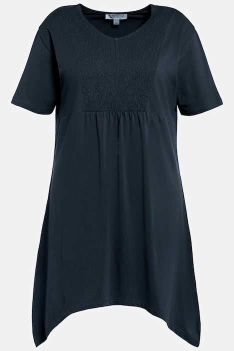 Longshirt, Smokeinsatz, Zipfelsaum, V-Ausschnitt, Biobaumwolle