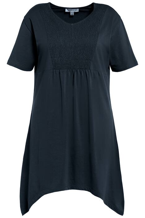 Dlouhé tričko, mačkaná vsadka, cípový lem, výstřih do V, krátké rukávy