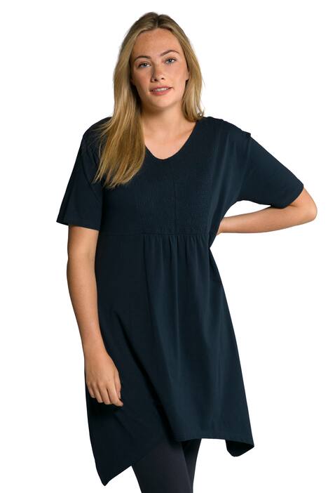 Dlouhé tričko, mačkaná vsadka, cípový lem, výstřih do V, krátké rukávy