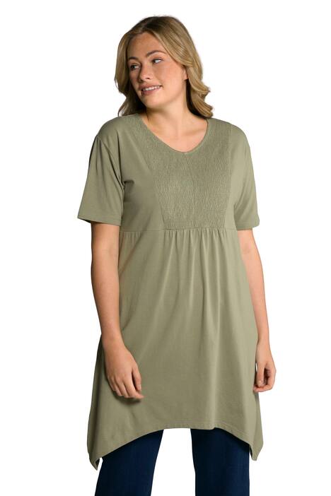 Dlouhé tričko, mačkaná vsadka, cípový lem, výstřih do V, krátké rukávy