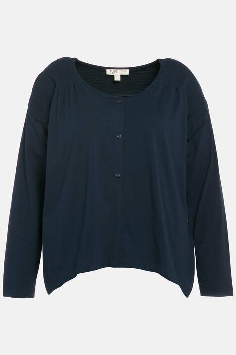 Shirtjakke, smockede skuldre, oversize, rund hals, økologisk bomuld