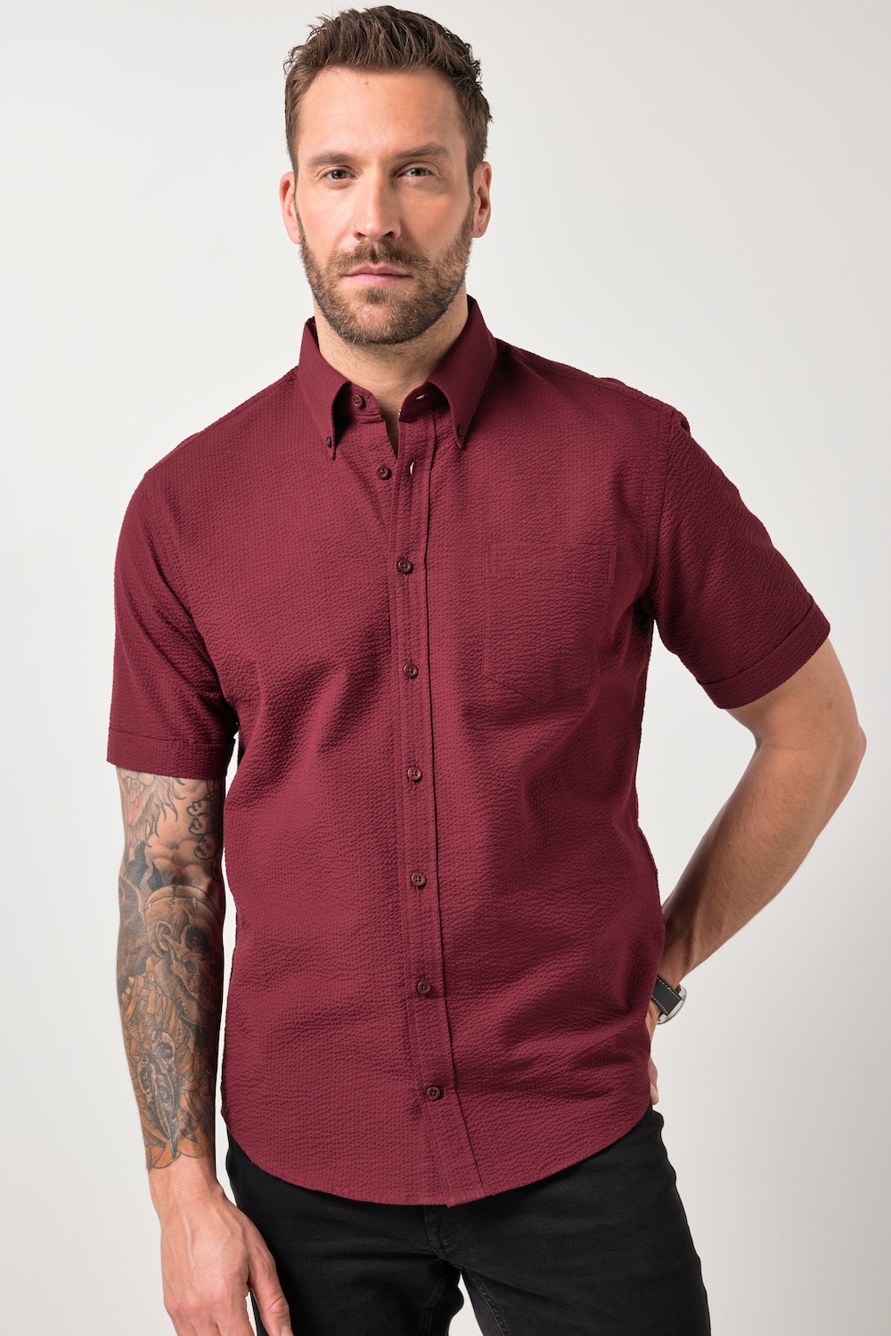 Seersucker-Hemd, Halbarm, Buttondown-Kragen, Modern Fit