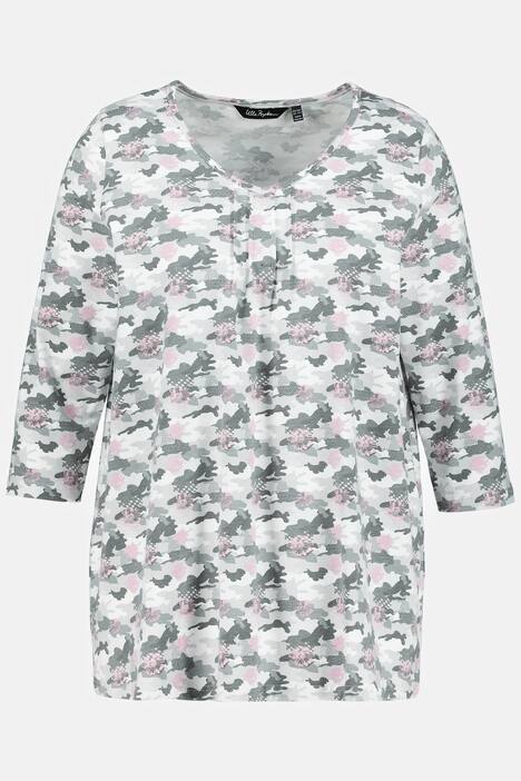 Shirt, Camouflage, A-Linie, Falten, V-Ausschnitt, 3/4-Arm
