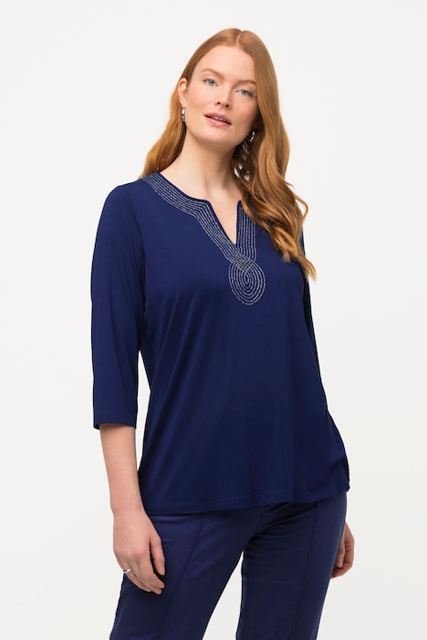 Soutache Trim Round Notch Neck Stretch Knit Top | T-Shirts | Tops