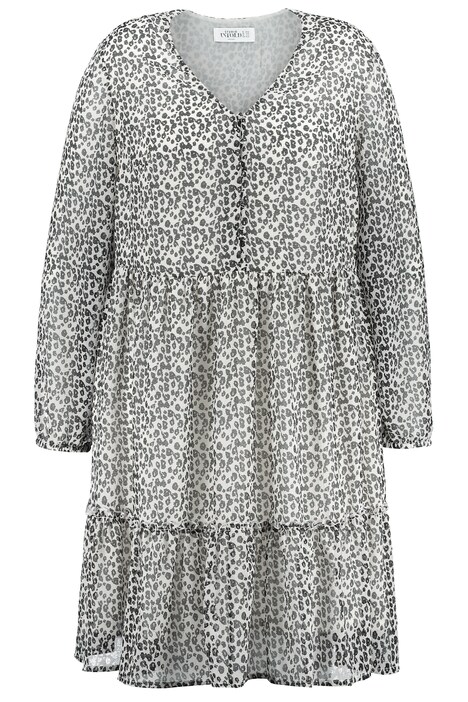 Leopardí šaty, výstřih do V, dlouhé rukávy, volánový lem
