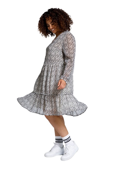 Leopardí šaty, výstřih do V, dlouhé rukávy, volánový lem