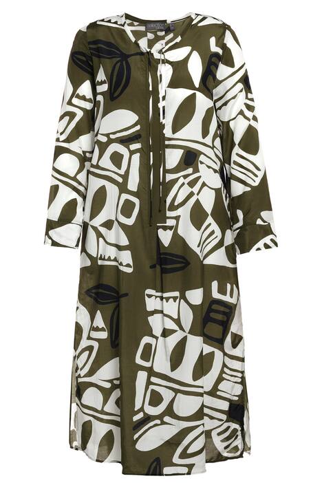 Midi šaty, grafický design, A střih, kulatý výstřih, dlouhé rukávy