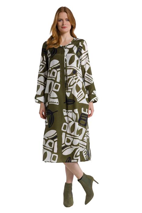 Midi šaty, grafický design, A střih, kulatý výstřih, dlouhé rukávy