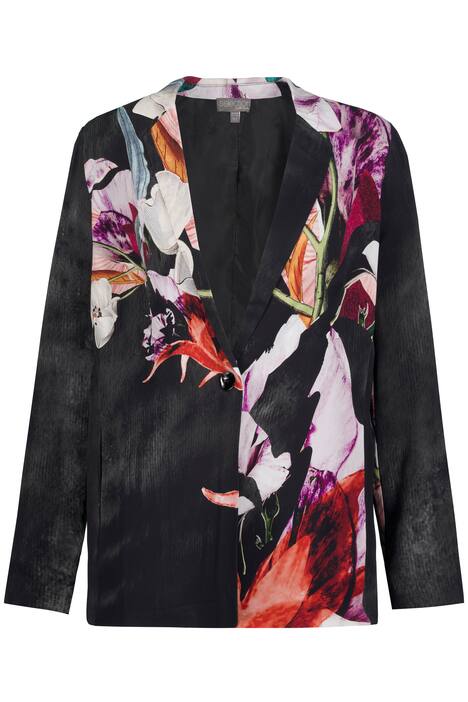 Blejzr, maxi květinový design, klopový límec, vypasovaný