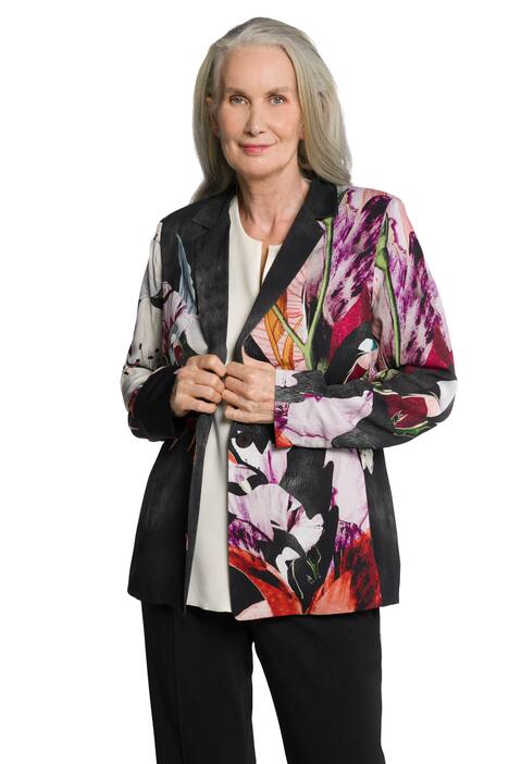 Blejzr, maxi květinový design, klopový límec, vypasovaný