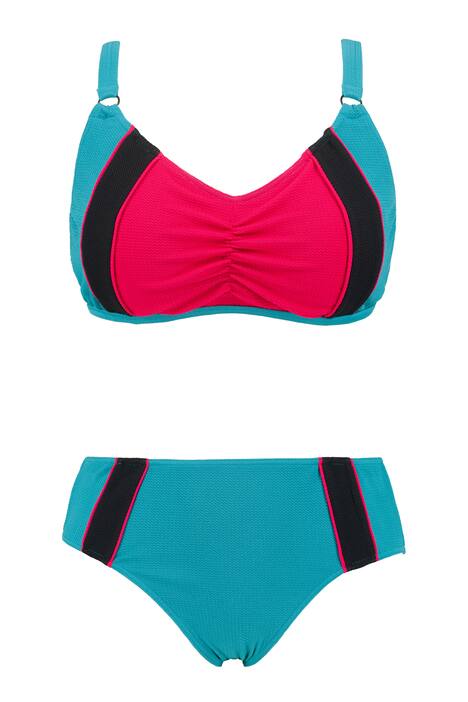 Bikiny, barevné bloky, řasení, měkké košíčky