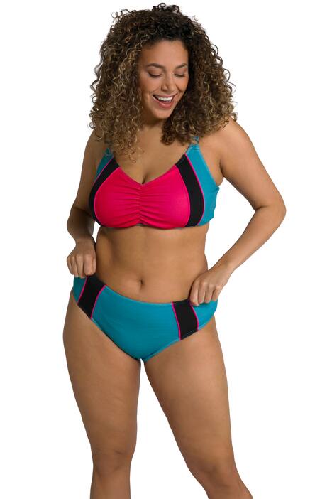 Bikiny, barevné bloky, řasení, měkké košíčky