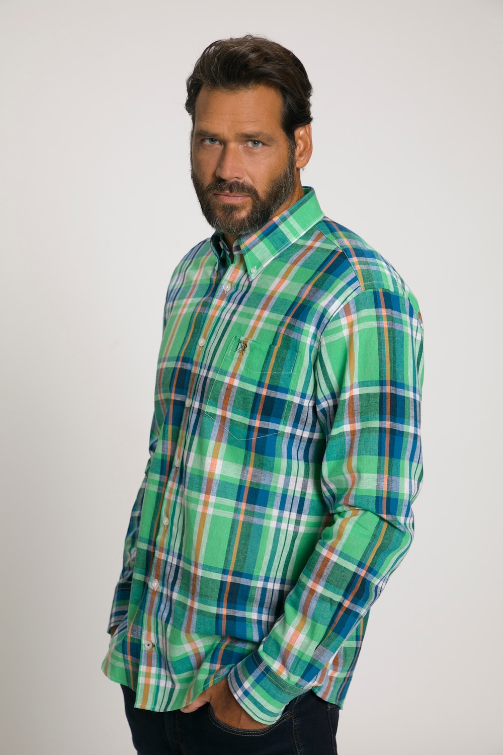 Plus Size Long Sleeve Linen Blend Shirt, Man, green, size: 4XL, linen/cotton, JP1880