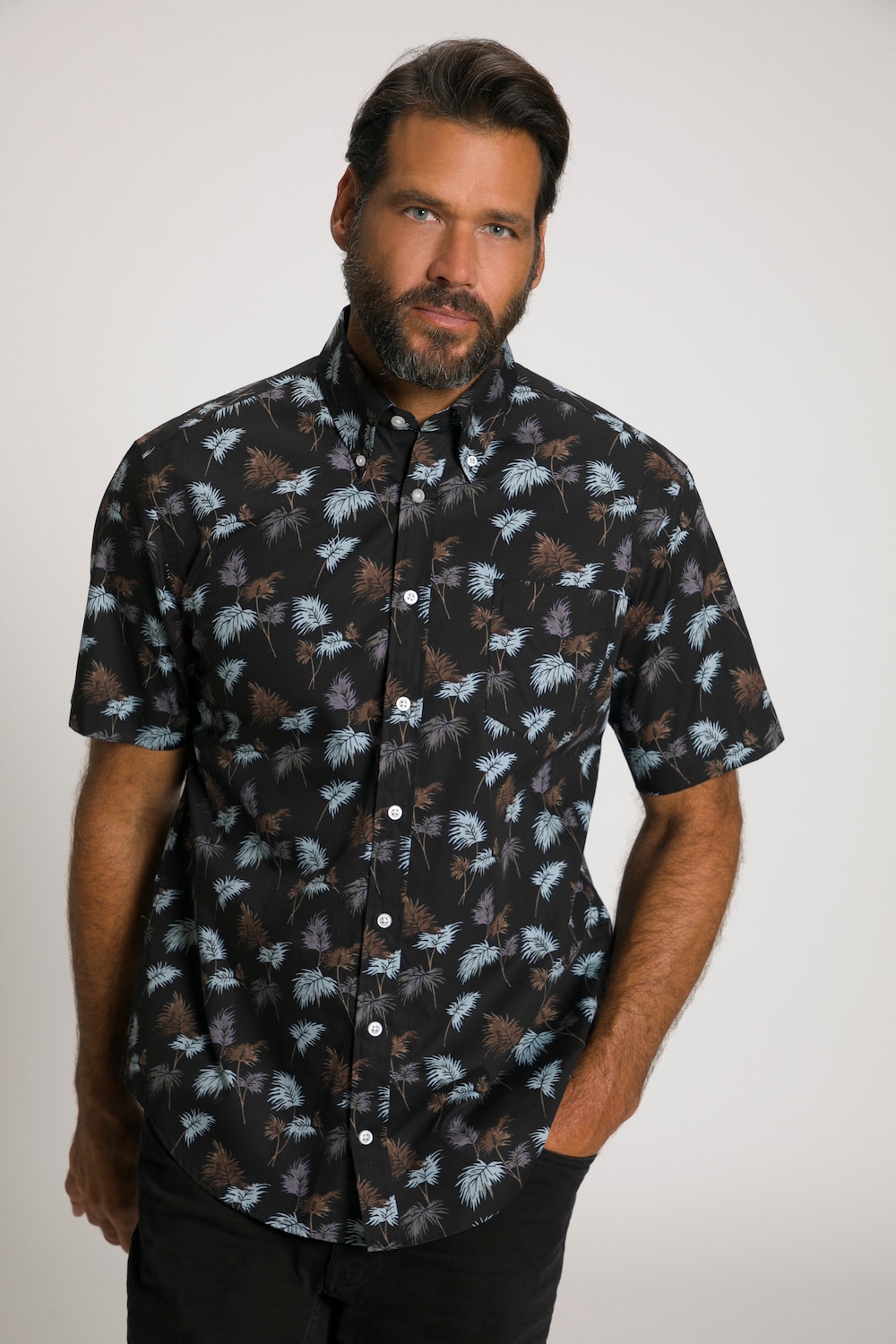 Plus Size Short Sleeve Palm Print Shirt, Man, brown, size: 3XL, cotton, JP1880