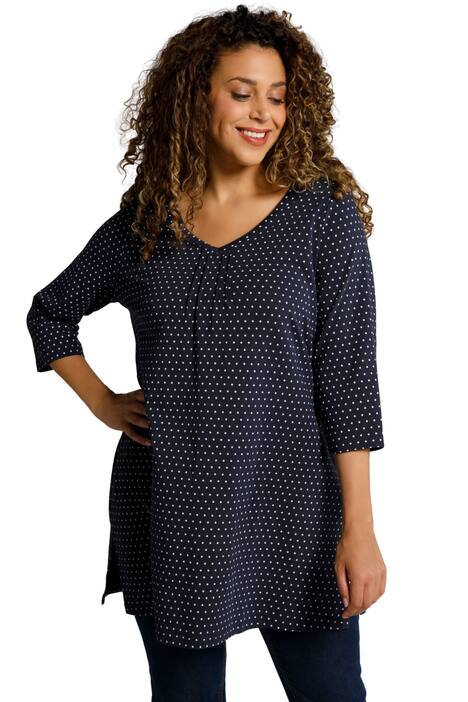 Dlouhé tričko, puntíky, sklady, A střih, výstřih do V, 3/4 rukávy