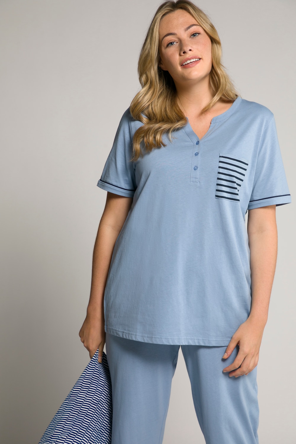 Grote Maten pyjamashirt, Dames, blauw, Maat: 50/52, Katoen, Ulla Popken