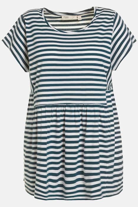 Randig topp, A-linje, rund hals, rynkeffekt, halv ärm