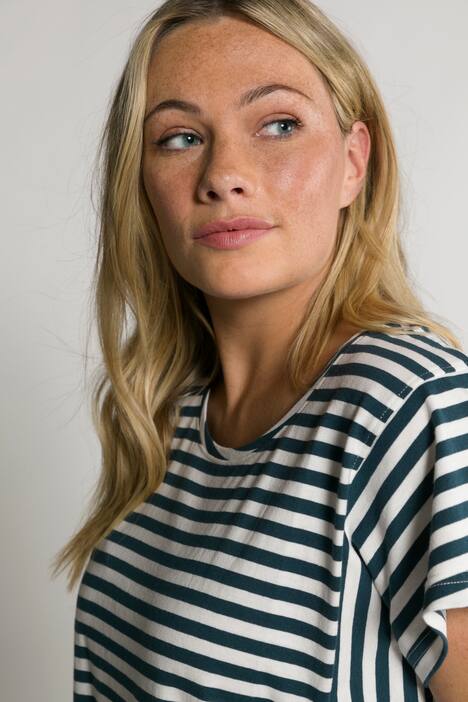 Randig topp, A-linje, rund hals, rynkeffekt, halv ärm