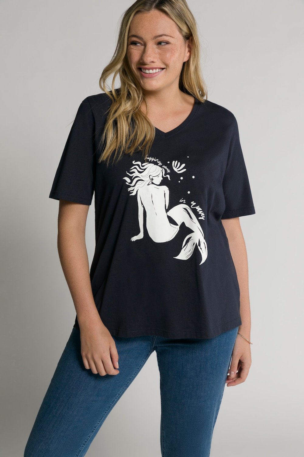 Grote Maten T-shirt, Dames, blauw, Maat: 50/52, Katoen, Ulla Popken