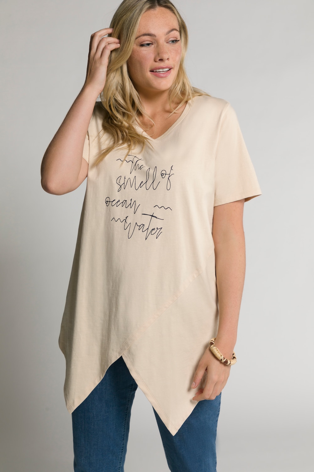 Grote Maten T-shirt, Dames, beige, Maat: 50/52, Katoen, Ulla Popken