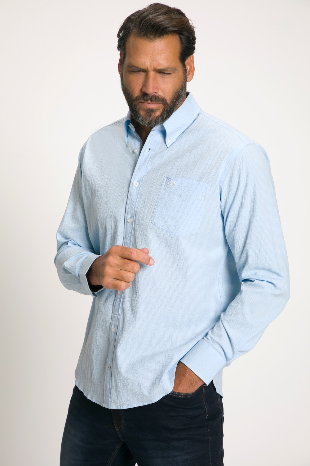 Plus Size Long Sleeve Seersucker Shirt, Man, turquoise, size: 3XL, cotton, JP1880