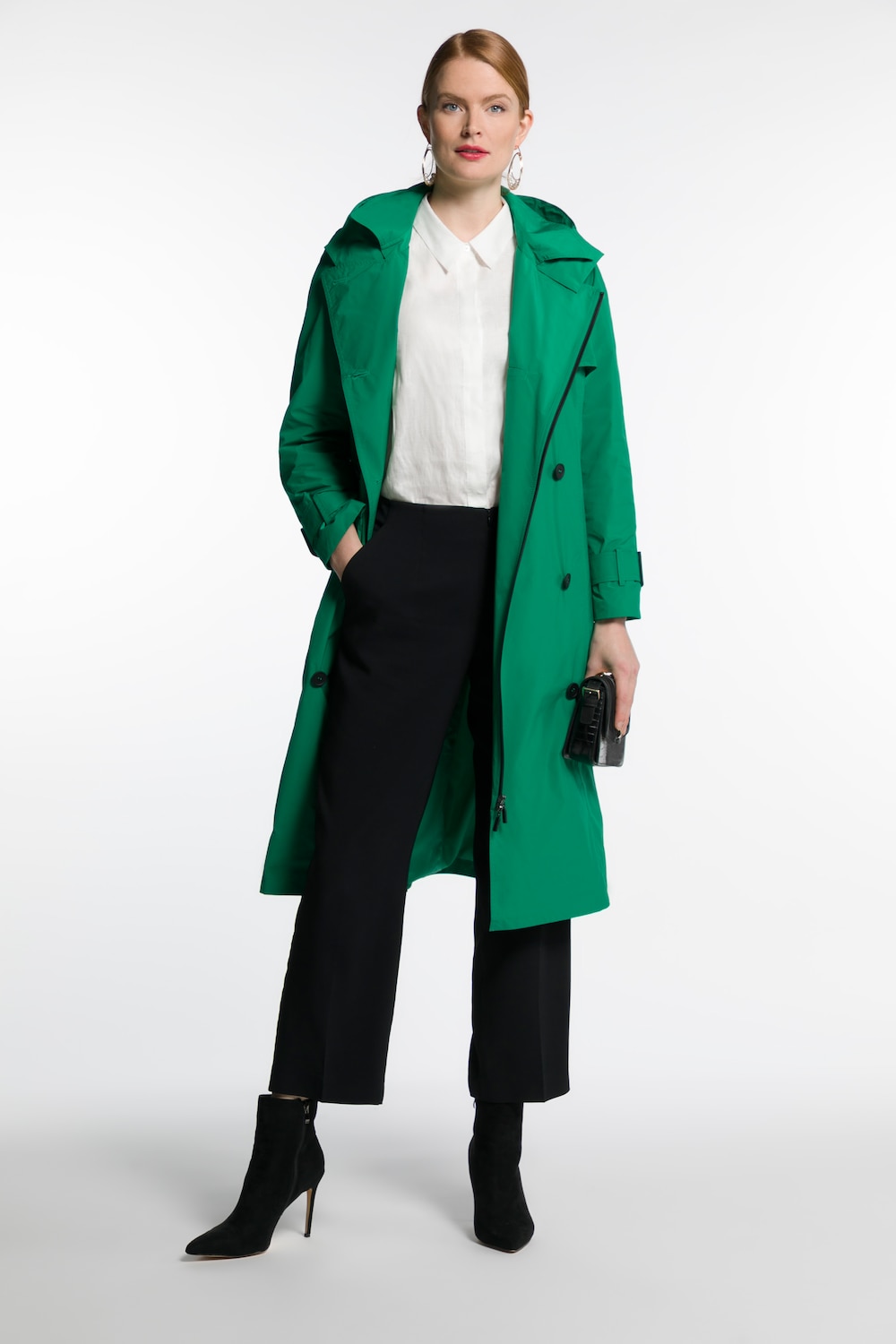Plus Size Double Breasted Zippered Sides Hooded Fully Lined Trench Coat, Woman, green, size: 16/18, polyester, Ulla Popken